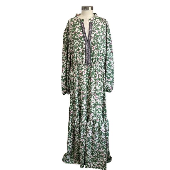 Rusttydustty Green Floral Boho Maxi Dress Size 4XL Long Sleeve Smocked Waist - Picture 2 of 11